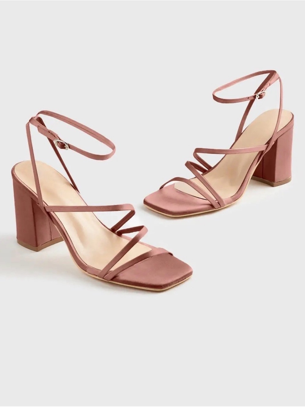 Azazie Satin Strappy Block Heel Sandals in cedar rose
